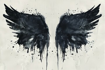 Illustration in a Painted Messy Grunge Style of Black Feather Wings, Smudges, Drips, Drops. Generative AI.

