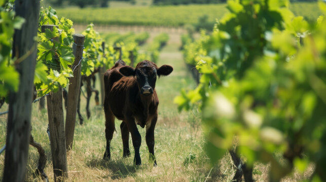 A small cow grazes in a designated area of the vineyard providing natural fertilizer for the soil. The cows are an essential part of the biodynamic farming process helping