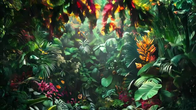 Tropical jungle background with flowers and plants. 3d render