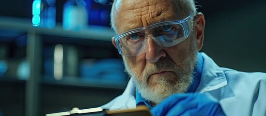A senior doctor scientist wearing safety glasses is carefully inspecting an object in his hand, possibly noting observations. He is focused and engaged in the examination process.
