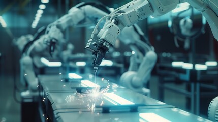 Automated robot arm machines in smart industrial factories Laser-based welding and cutting robots operate in production.