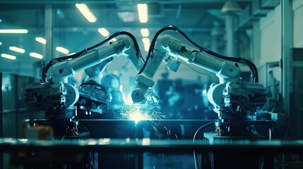 Automated robot arm machines in smart industrial factories Laser-based welding and cutting robots operate in production. - obrazy, fototapety, plakaty