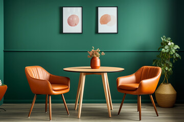 orange leather chairs at round dining table against green wall, interior design, modern living room, scandinavian home, orange sofa, orange chairs