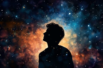 Mysterious Silhouette man galaxy. Person night. Generate Ai