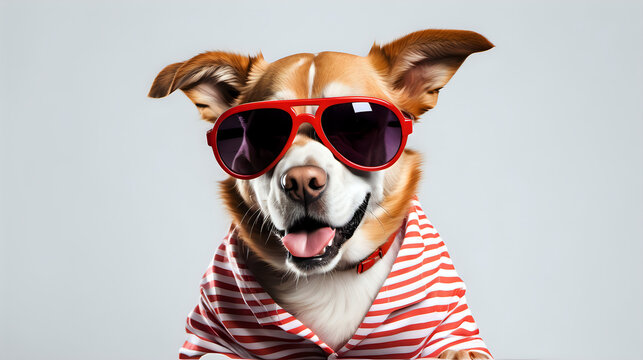 A dog wearing sunglasses and shirt for summer on white background, upcoming summer concept