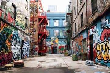 City alleyway back alley with graffiti and fire escape  - obrazy, fototapety, plakaty
