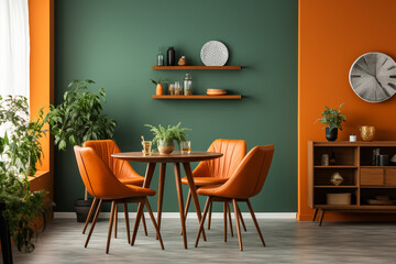 orange leather chairs at round dining table against green wall, interior design, modern living room, scandinavian home, orange sofa, orange chairs