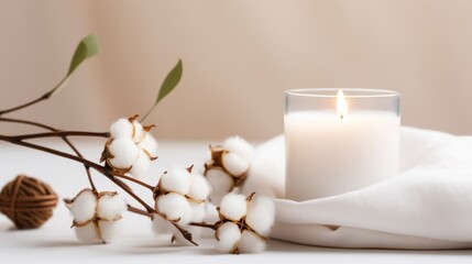 Obraz na płótnie Canvas Minimalist Stylish table with cotton flowers and aroma candles near light wall 