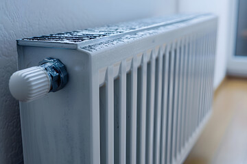White metal heating radiator forming part of a central heating system with energy-efficient thermal insulation on the wall