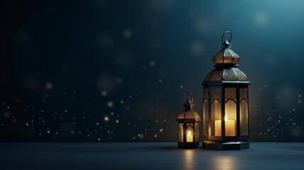 Fototapeta premium Modern Islamic holiday banner suitable for Ramadan, Eid al - Adha. A lit lantern on an evening background