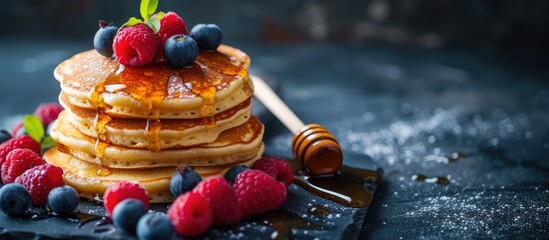 A stack of cheese pancakes topped with a generous serving of fresh berries and drizzled with syrup, set against a dark background.