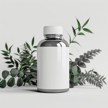 Imagine a green, empty glass bottle designed for medical or pharmaceutical use, isolated on a white background This versatile container, complete with a cap, can hold various items, from pills and liq