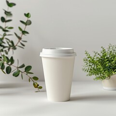 A white plastic coffee cup is suitable for creating mockups for various designs.