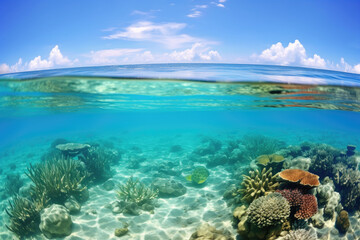 ocean water waves with underwater coral reef view