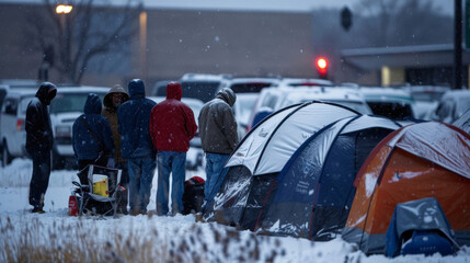 A showcase of consumerism in its most extreme form with people willing to camp out and brave the cold for the chance to save money. - obrazy, fototapety, plakaty