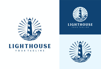 lighthouse logo design vector illustration with waves and circular sun rays in vintage style