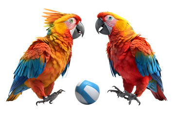 A 3D animated cartoon render of energetic parrots playing volleyball.