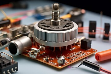 Detailed view of a potentiometer wiper with various electronic components and tools in the background - obrazy, fototapety, plakaty