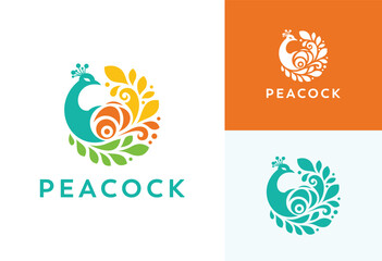 peacock logo design vector inspiration, full color peacock logo