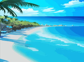 Fototapeta na wymiar stunning tropical beach with crystal clear water, palm trees, and blue sky, with copy space. Summer landscape on the sea. Vector illustration