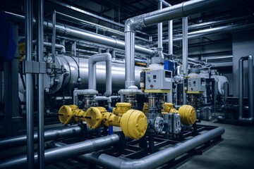 An intricate web of pipes and gauges surrounding a booster pump in a bustling factory setting - obrazy, fototapety, plakaty