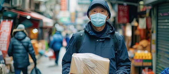 A delivery man in Asia, wearing a face mask, is carrying a box containing hand gel sanitizer, practicing social distancing. The scene depicts precautionary measures amidst the spreading virus.