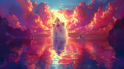 Fantasy Seascape with a Fiery Sky Reflecting in the Ocean, Mythical Creatures Rising Towards the Light in a Surreal Setting