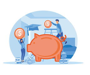 Man putting coin in piggy bank, saving money for education. School fund, investment concept for banner. flat vector modern illustration 