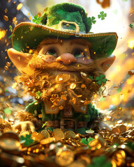 banner or card for st. patrick's day. leprechaun holding a pot filled with gold