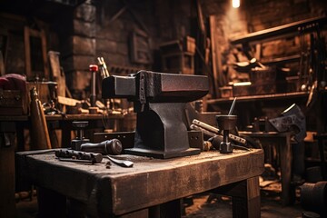 Fototapeta na wymiar An imposing black anvil on a wooden stand amidst a collection of traditional tools in an old-world industrial setting
