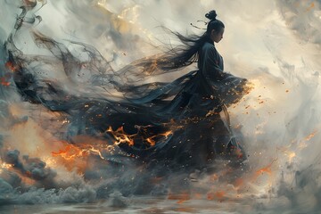 Asian Girl in Layered Landscape with Flames and Magic - obrazy, fototapety, plakaty