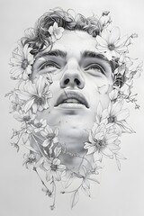 Floral Rage A Hyper-Detailed Pencil Drawing of a Man Surrounded by Flowers