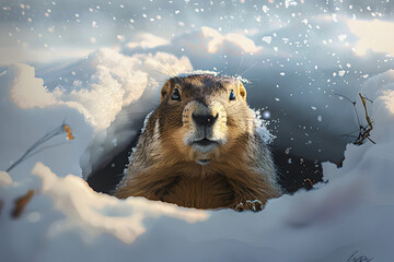 Happy Groundhog Day. Groundhog emerges from a snowy hole after hibernation. Generative AI illustration - obrazy, fototapety, plakaty