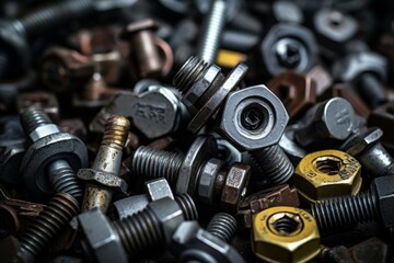 Close-up view of a lone industrial pin amidst a sea of mechanical parts in a rustic workshop environment