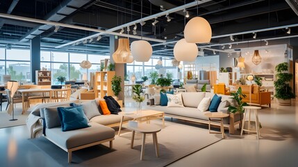 showroom inside furniture mall with sofa table armchair and lamp - obrazy, fototapety, plakaty
