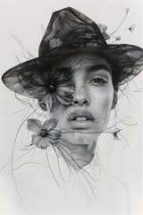 Realistic Woman Portrait with Flower Hat