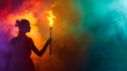 Dramatic lighting on a female figure who is holding a torch of empowerment on smoke rainbow light background for Women's Day social presentation.