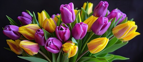 A vase filled with a colorful array of purple and yellow tulips, creating a lively and vibrant display of colors in a bouquet arrangement.
