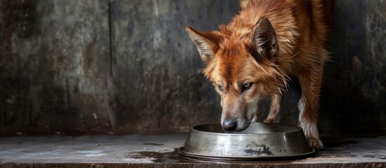 A famished canine is seen in the photograph as it eagerly consumes food or liquid from a metal bowl. - obrazy, fototapety, plakaty