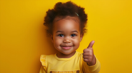 a toddler giving a thumbs up on yellow background. generative ai 