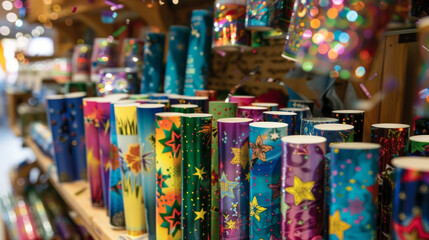 Fototapeta na wymiar A shop display full of confetti poppers featuring bright and bold designs to add an extra dose of excitement to the New Years Eve countdown.