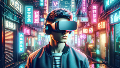 A young man wearing a virtual reality headset is immersed in a vibrant, neon-lit urban alleyway, experiencing futuristic digital worlds.