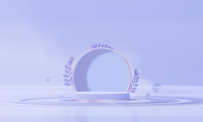 3d render background podium product presentation, minimalis purple pastel color, with abstract circle and leaves, and spherical water effect on the floor