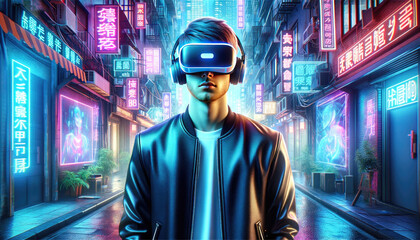 Obraz premium A young man wearing a virtual reality headset is immersed in a vibrant, neon-lit urban alleyway, experiencing futuristic digital worlds.