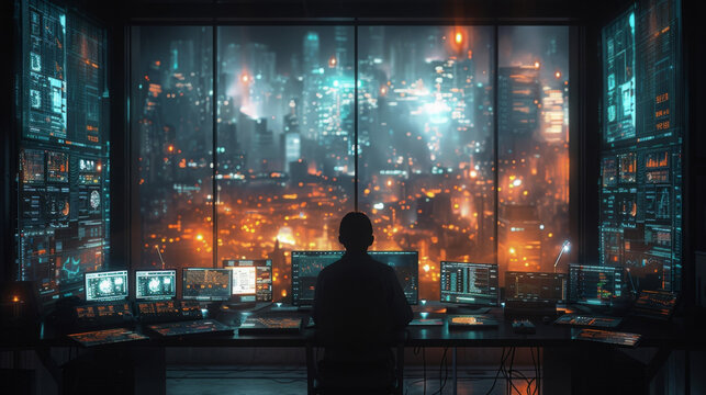 An investor sits in their office surrounded by screens displaying different augmented reality visualizations of their investment portfolio. Each visualization provides indepth
