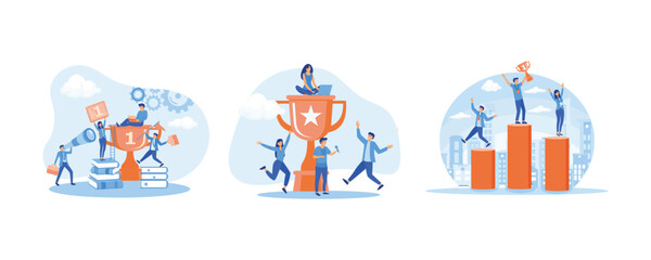 Fototapeta premium Success team concept. People near the trophy celebrating achieving success. People standing on the podium rank first three places, jumps in the air with trophy cup. Set flat vector modern illustration