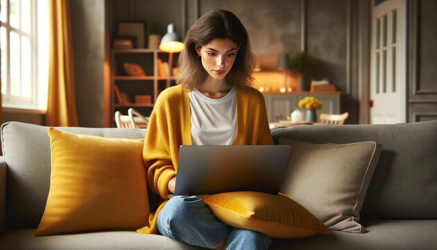 A young, stylish woman in a bright yellow sweater is focused on her laptop while comfortably sitting on a gray couch in a modern home interior.
