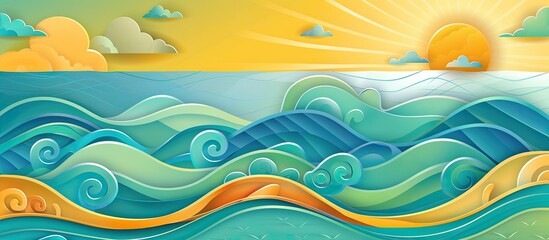 Fototapeta na wymiar A colorful painting depicting waves crashing against a sandy beach under a bright sun in the sky. The scene captures the essence of a tropical summer vacation.