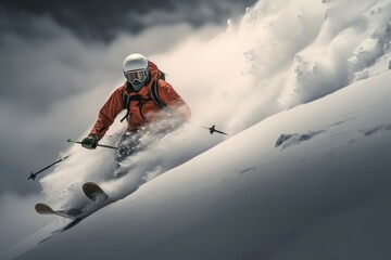 Majestic Skier mountains snowed. Lifestyle cold. Generate Ai