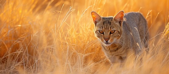 A wildcat native to Africa is captured on camera as it confidently strides through a field of tall grass in the Kalahari Kgalagadi desert. - obrazy, fototapety, plakaty